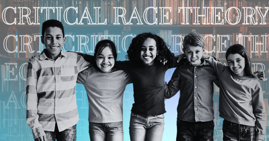 Diverse childen in front of a blue background with the words "critical race theory"