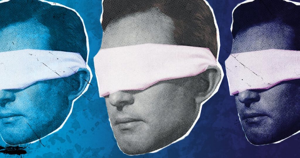 Blindfolded white men on blue background