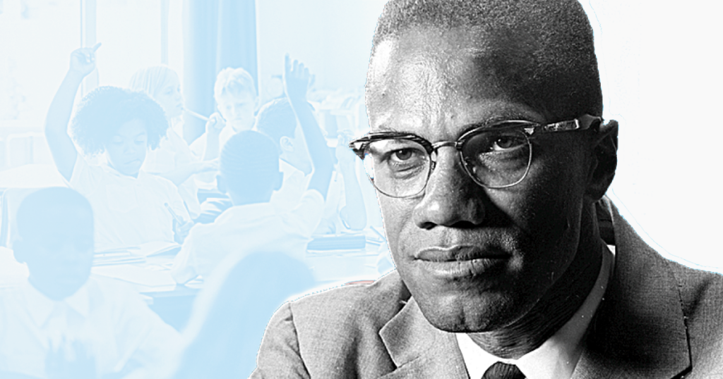 Malcolm X with school children in the background