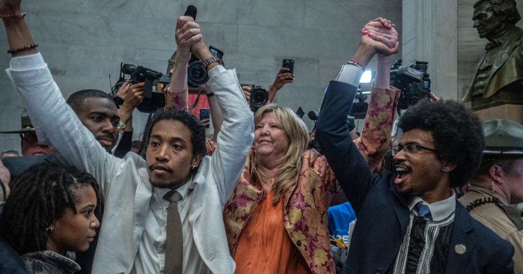 Tennessee Three outside legislature chambers.