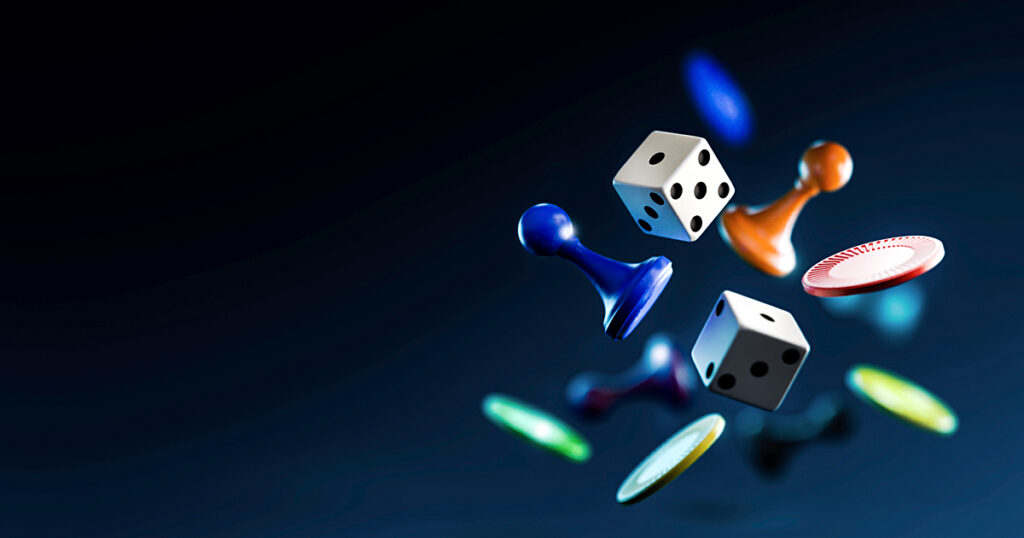 Assorted game board pieces in mid air. 3D illustration, Rendering