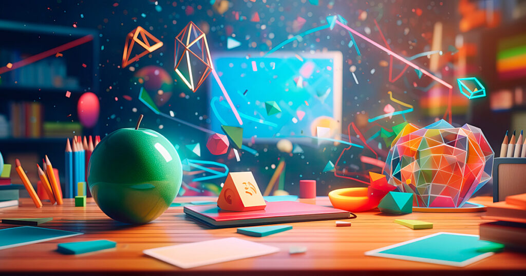 dynamic back to school background with a burst of colorful geometric shapes and symbols representing different academic subjects. Generative Ai