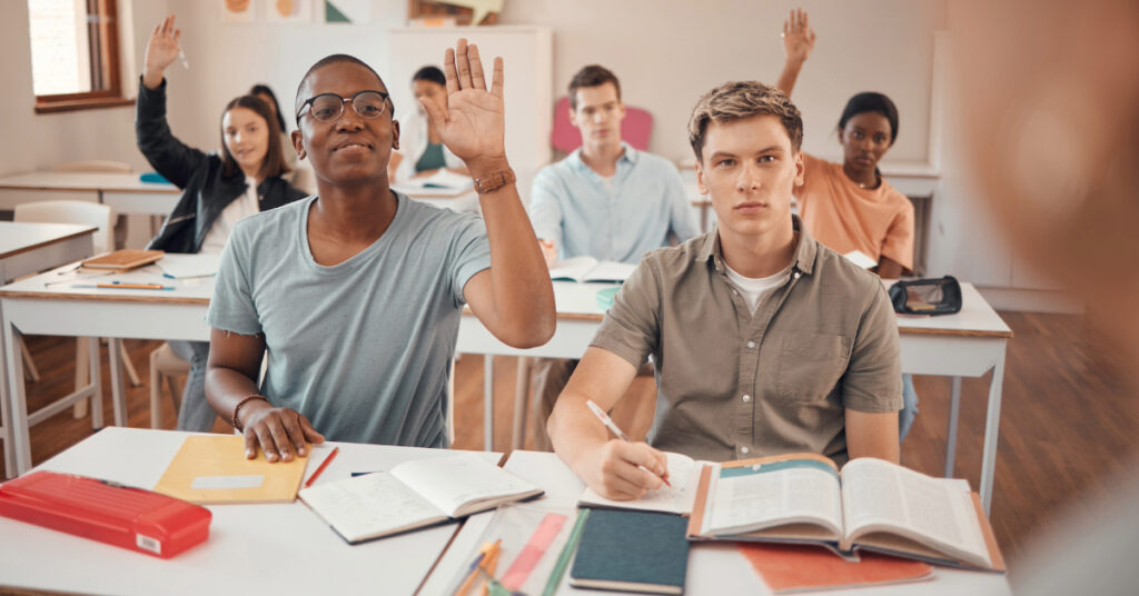 Classroom, knowledge question and students hands with exam learning problem, education fail or lang.