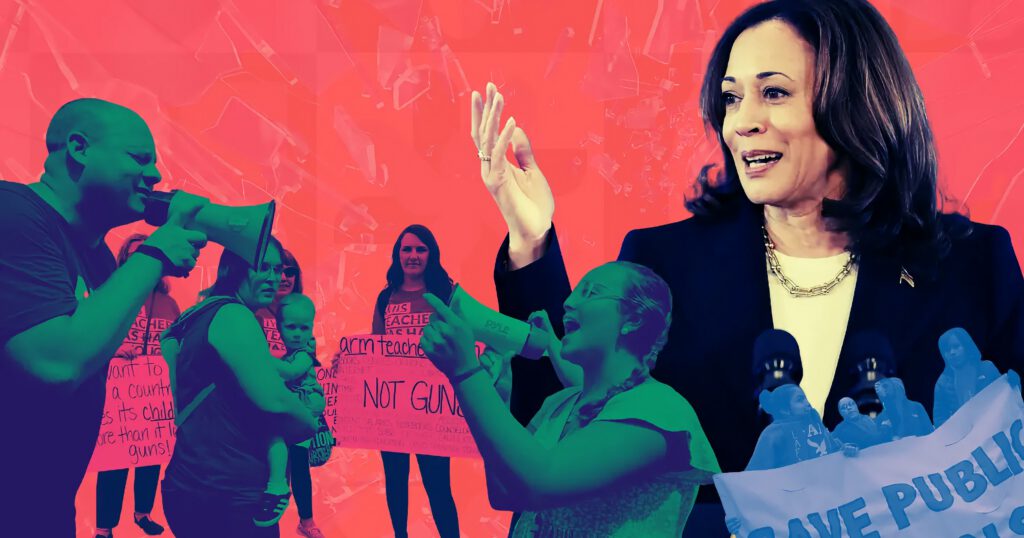 vice President Kamala Harris speaking with carious protesters in the foreground.