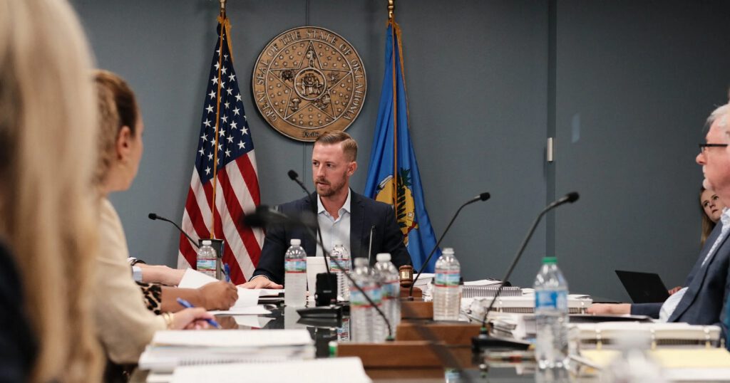 Oklahoma State Superintendent Ryan Walters leads a meeting at the Oklahoma State Board of Education during a vote on the accreditation status for Tulsa Publics Schools on on Thursday, August 24, 2023. (Photo by Chris Creese / The Black Wall Street Times)