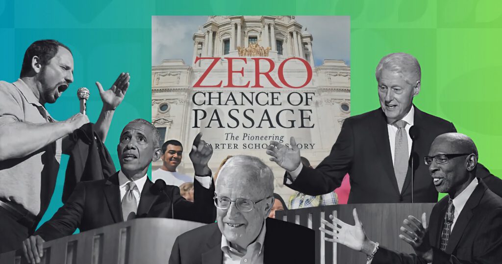 Progressive figures and politicians in front of a gradient background