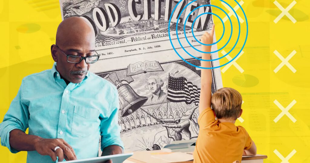 Black man wearing glasses reading a report in front of a yellow background and a sign that reads "good citizen"; White student with their back turned and hand raised in the air.
