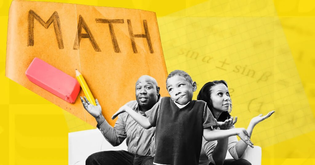 Young Black boy shrugging in front of his parents with a math book in the background