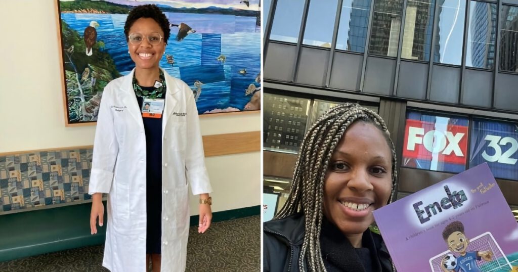 Split screen of Dr. Ruth Obiarinze as a physician, then as a children's book author
