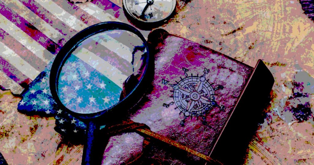 Old world map, magnifying glass