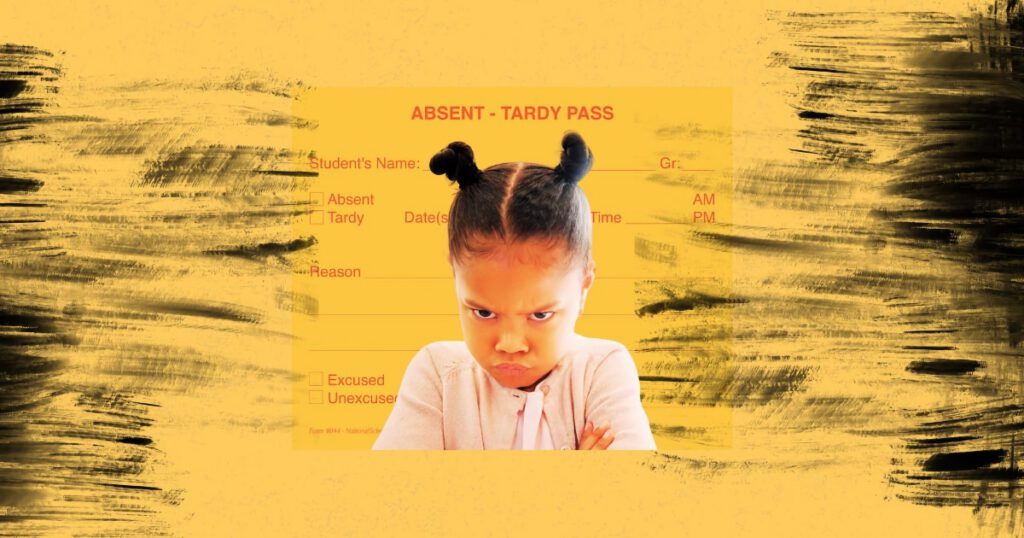 Young Black girl pouting in front of a yellow absent tardy pass