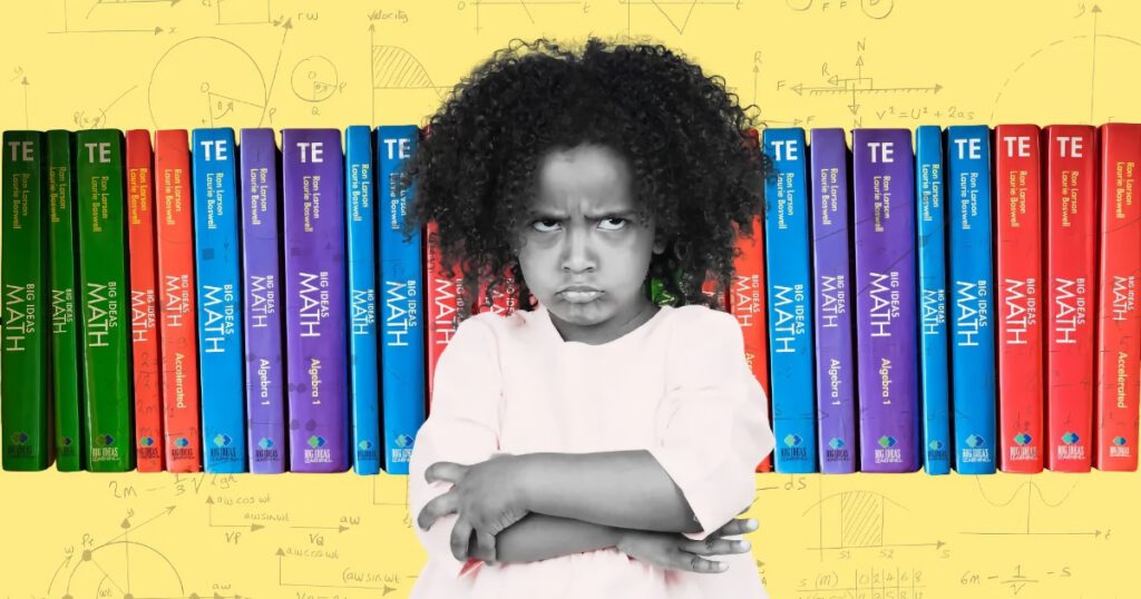 Young Black girl in oversized shirt pouting in front of colorful math books