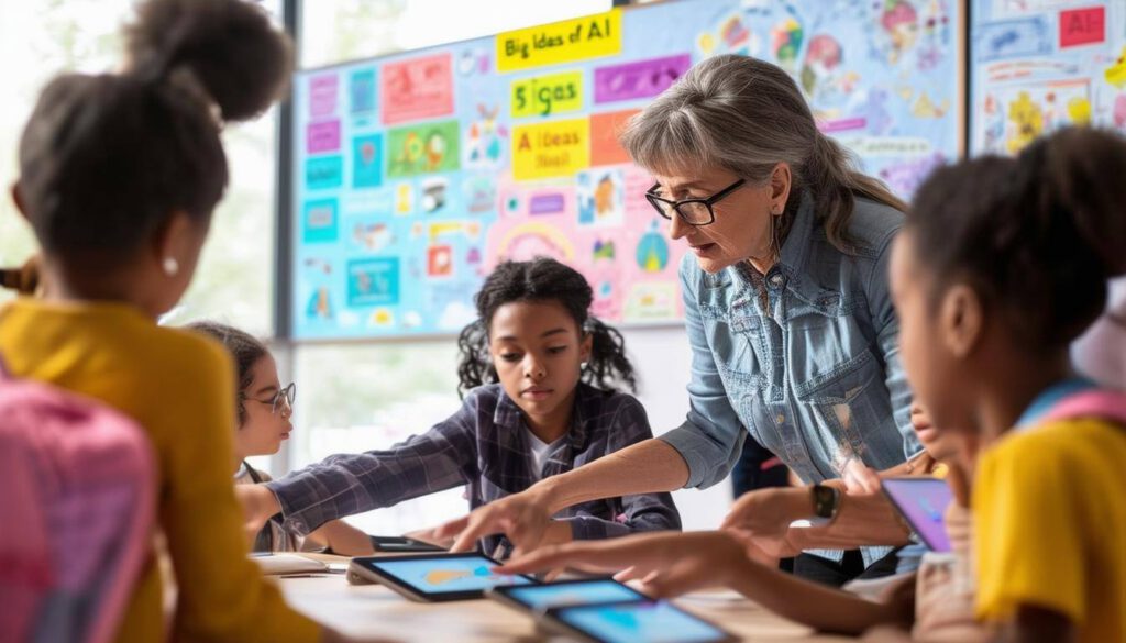 White older woman teacher working with diverse children in a classroom on tablets; Posters on the wall in the background