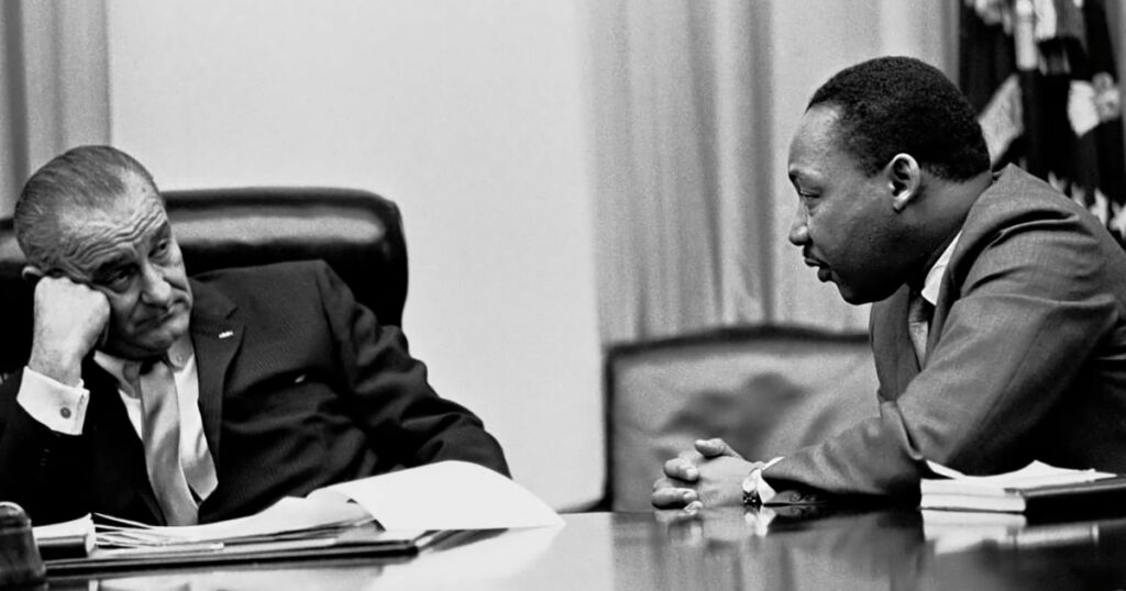 President Lyndon B. Johnson meets with Martin Luther King, Jr. in the White House Cabinet Room