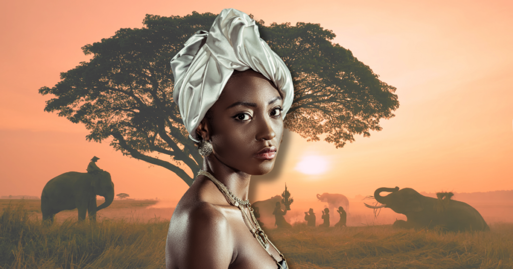 African woman in the foreground over an African scene background.