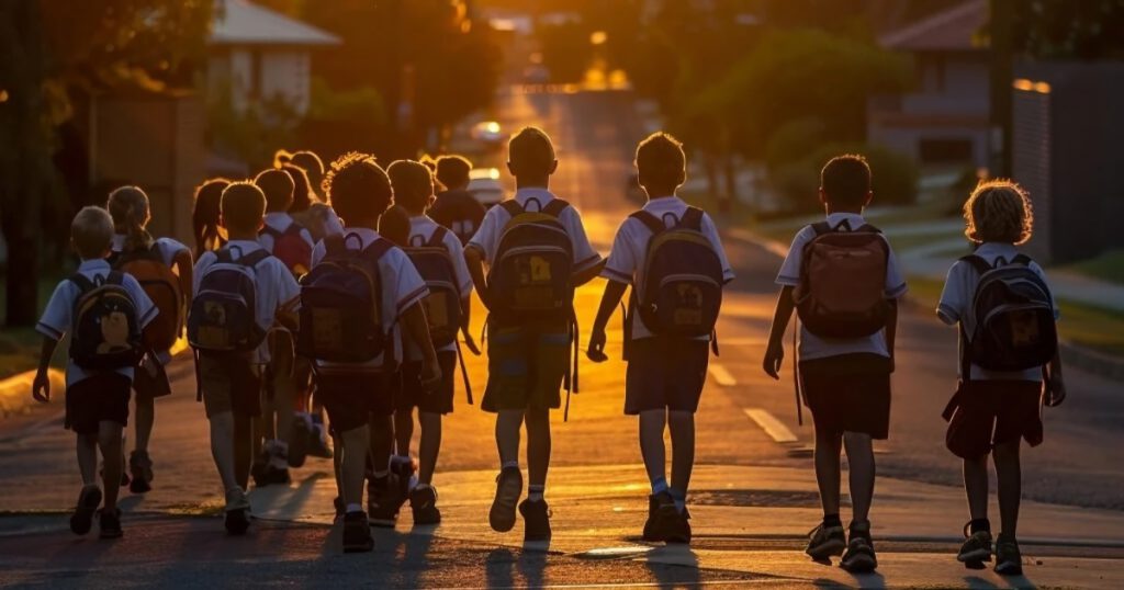 Group pf school children in uniforms with backpacks, walking on a street into the sunset.