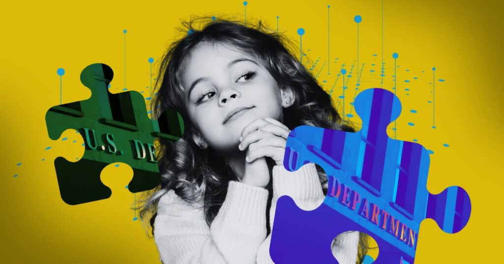 Young girl looking to the side, between two puzzle piece images of the U.S. Department of Education