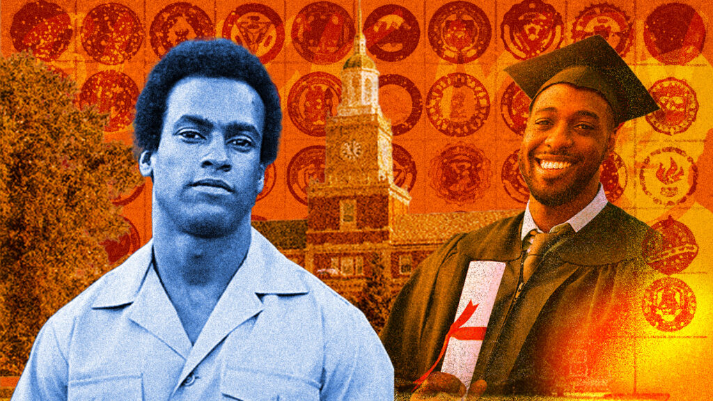 Huey Newton with a young, Black, male college graduate in the background.