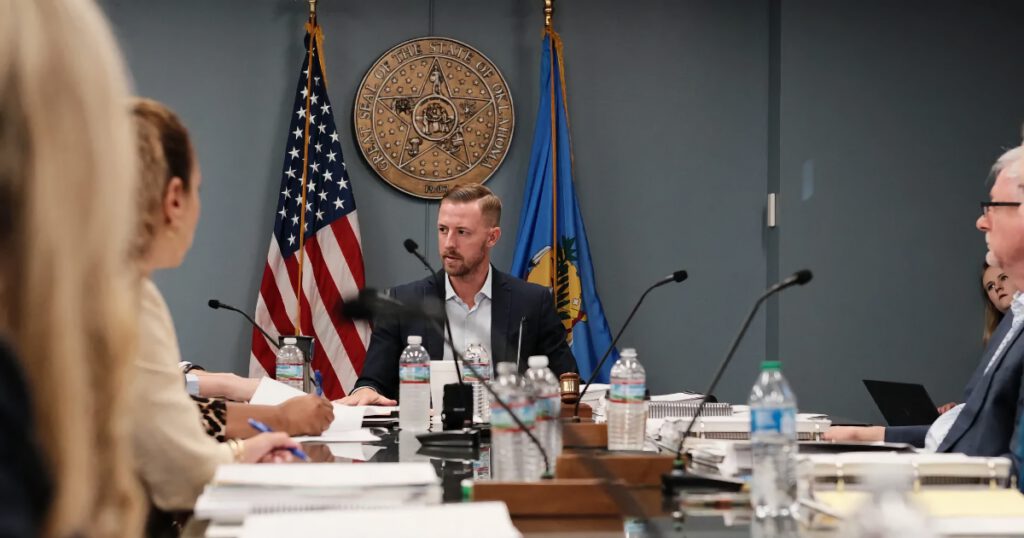 Oklahoma Superintendent Ryan Walters leading a state school board meeting