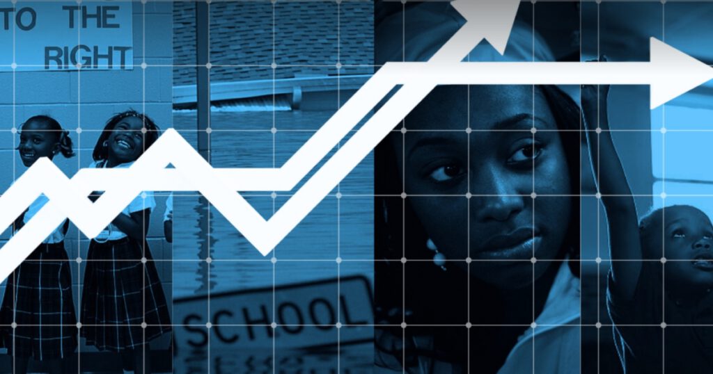 Black school children in NOLA with a blue overlay next to a photo of the flood damage caused by Hurricane Katrina