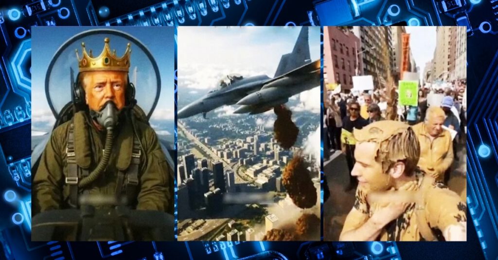 Images from AI generated video posted by Donald Trump in response to a recent "No Kings" protest. Images depict Donald Trump as pilot dumping sludge on people peacefully protesting from above.