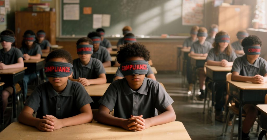 Diverse students in a middle school classroom with typical posters and decorations on the walls. Students are sitting in perfect rows with their hands folded on top of the desks and wearing dark gray blindfolds with the word "COMPLIANCE" written across the blindfold in red.